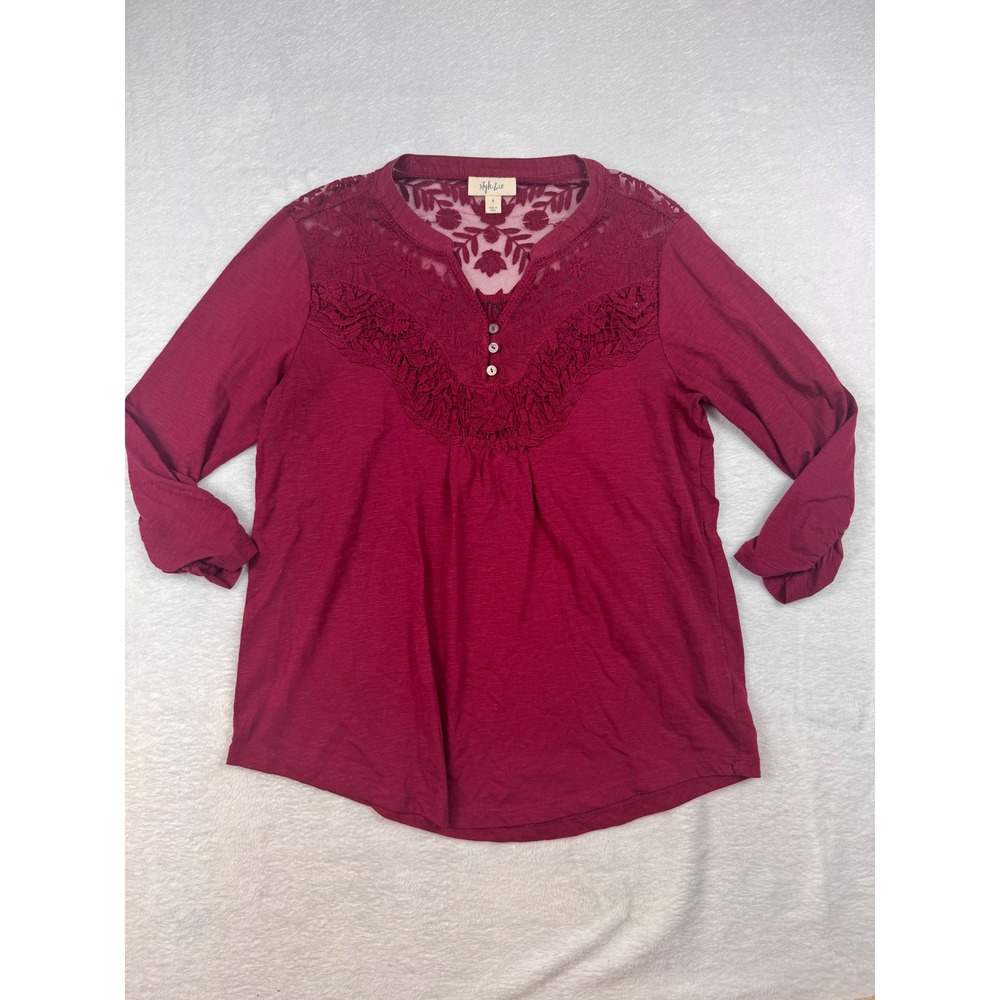 Style & Co Womens Burgundy Lace Yoke Henley Top 3/4 Sleeve Blouse Small